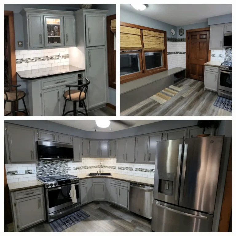 Collage of repainted gray oak kitchen cabinets