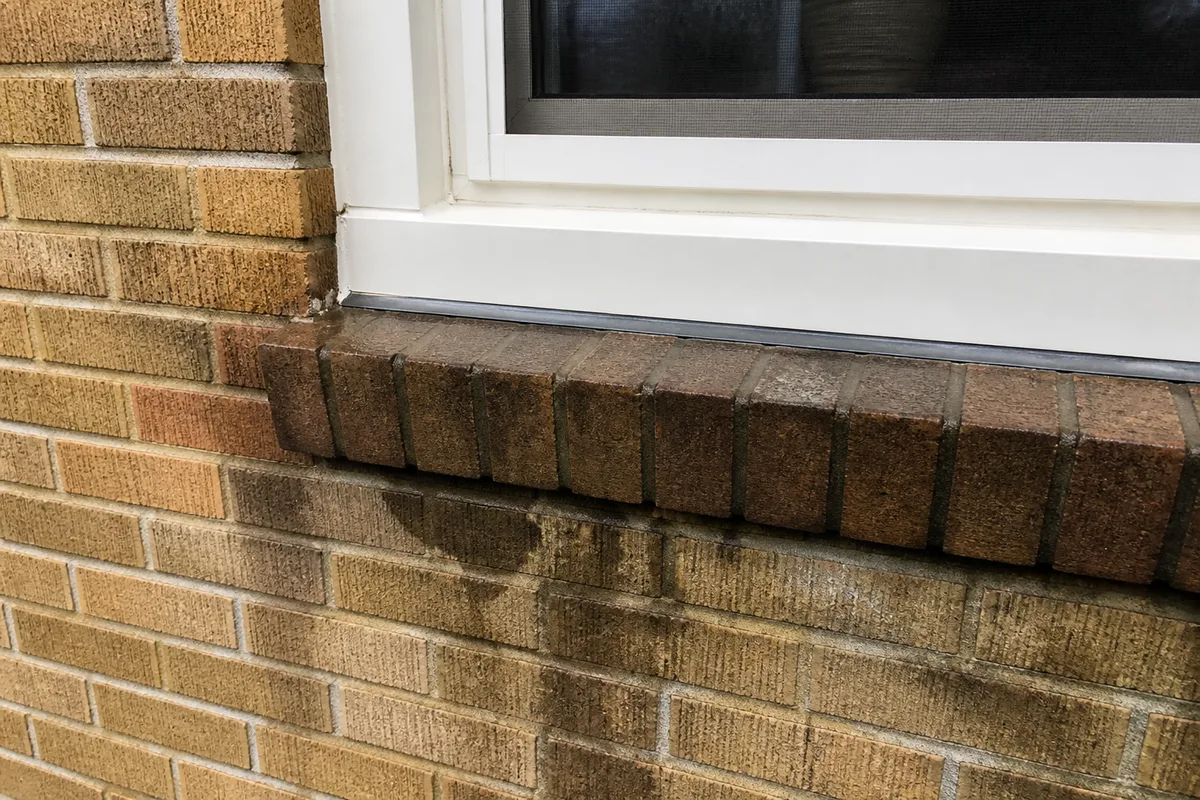 Illustration of localized moisture staining below a window sill on exterior brick