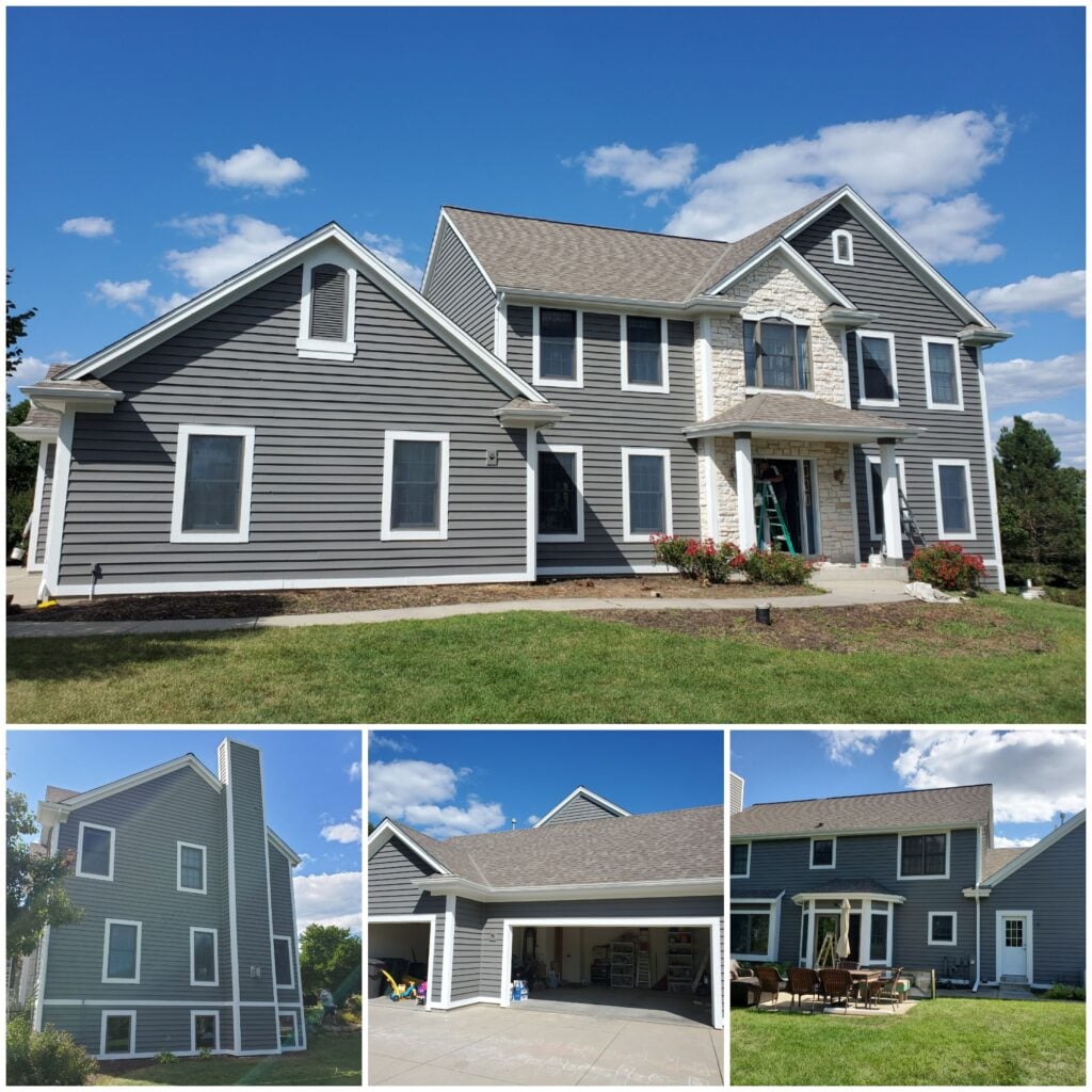 Collage of a gray LP siding exterior with white trim