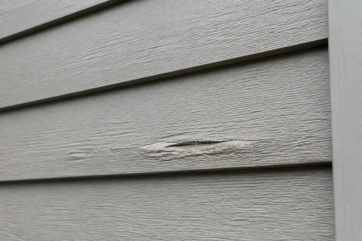 Illustration of localized impact damage on an engineered wood siding board