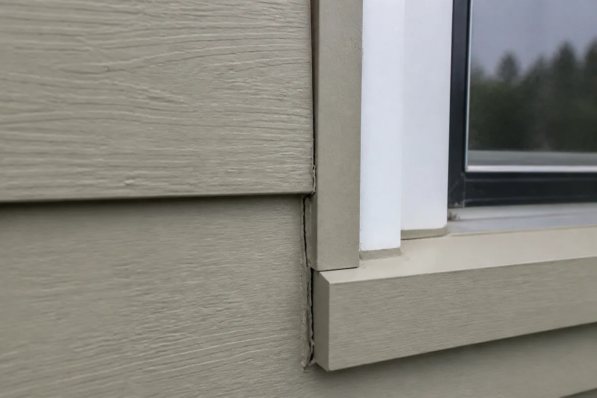 Illustration of a failed sealant joint where engineered wood siding meets window trim