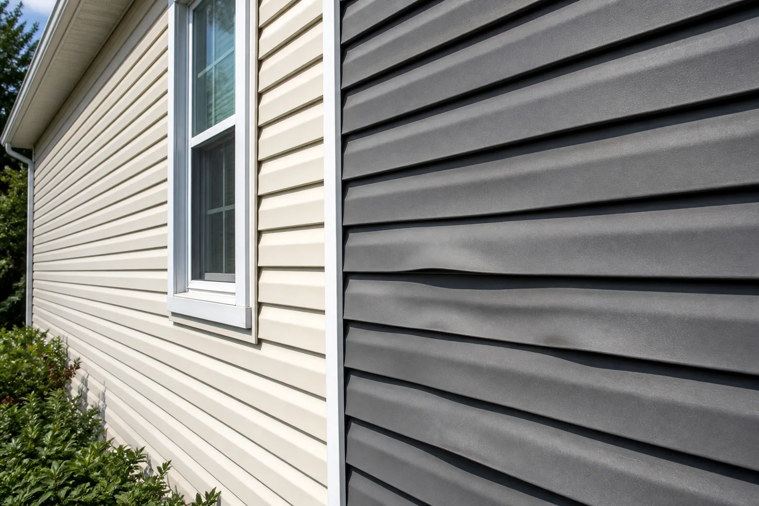 Illustration comparing sound light vinyl siding with heat-warped dark siding