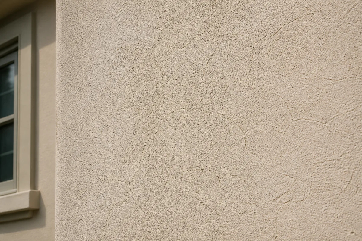 Illustration of fine hairline cracking across textured exterior stucco