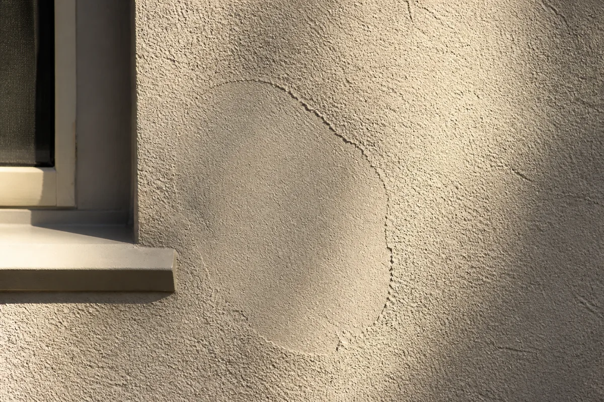Illustration of a stucco repair patch with a different texture from the surrounding wall