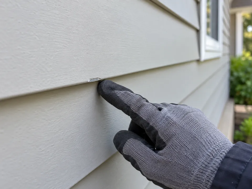 Gloved professional inspecting a small exposed aluminum edge on painted siding