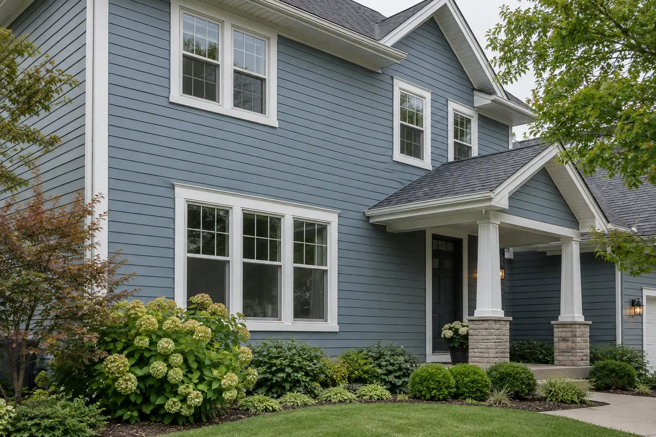 Finished blue-gray aluminum siding with white trim on a well-kept home