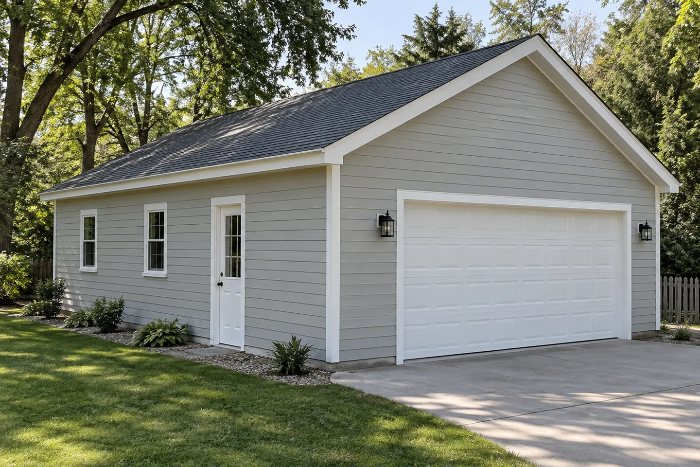 Light-gray painted wood-sided detached garage with white trim