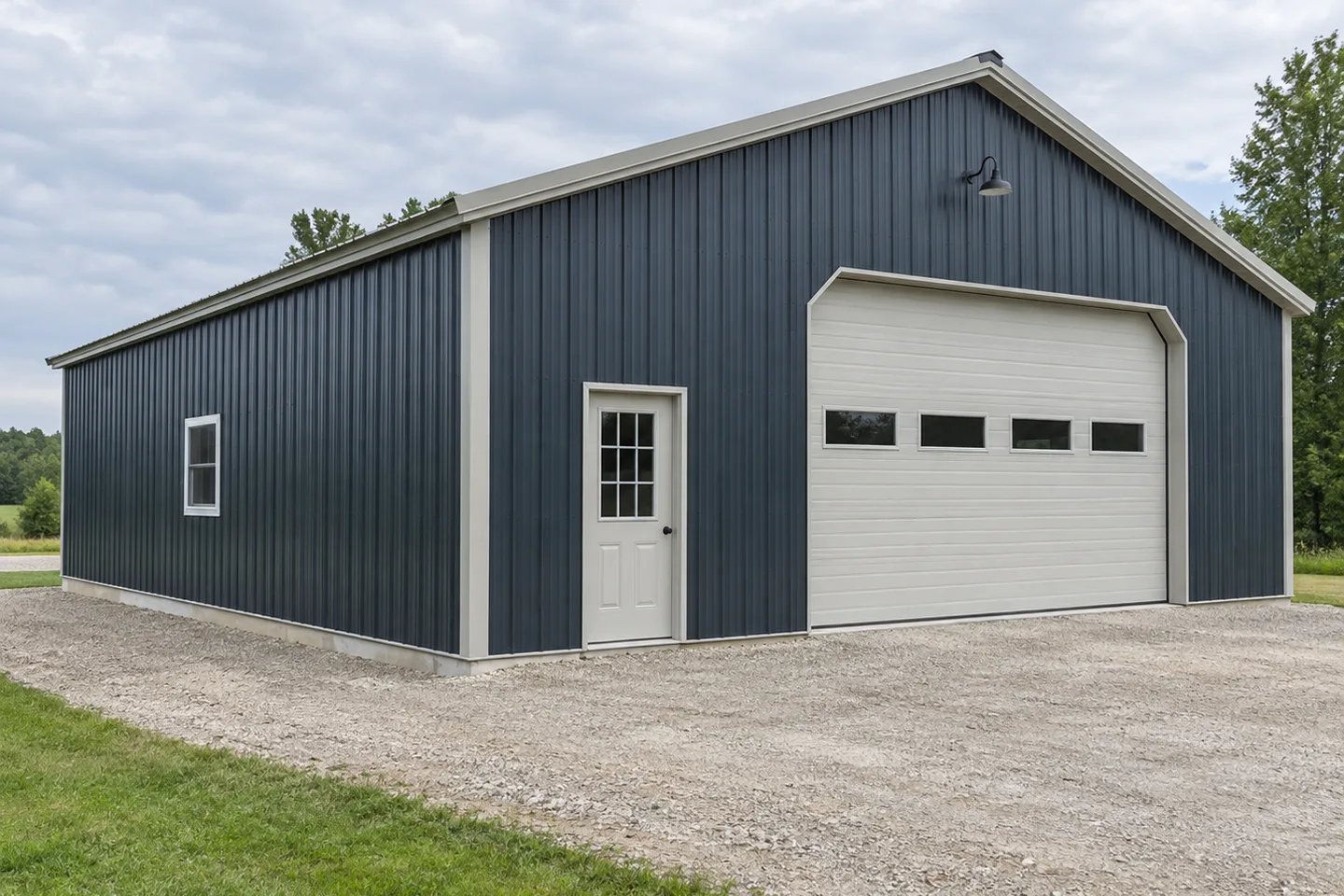 Charcoal-blue painted metal pole building with light trim