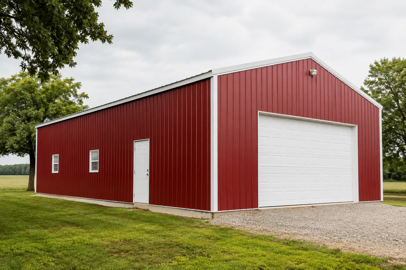 Red metal-sided barn and outbuilding with white trim