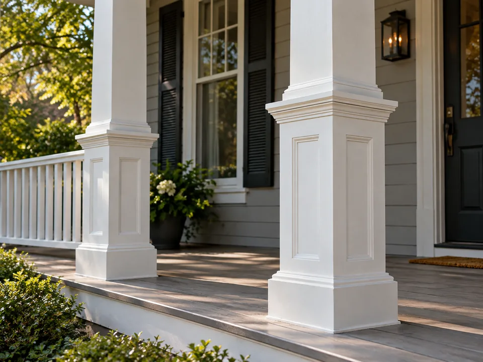 Freshly painted white porch columns and posts on a residential entry