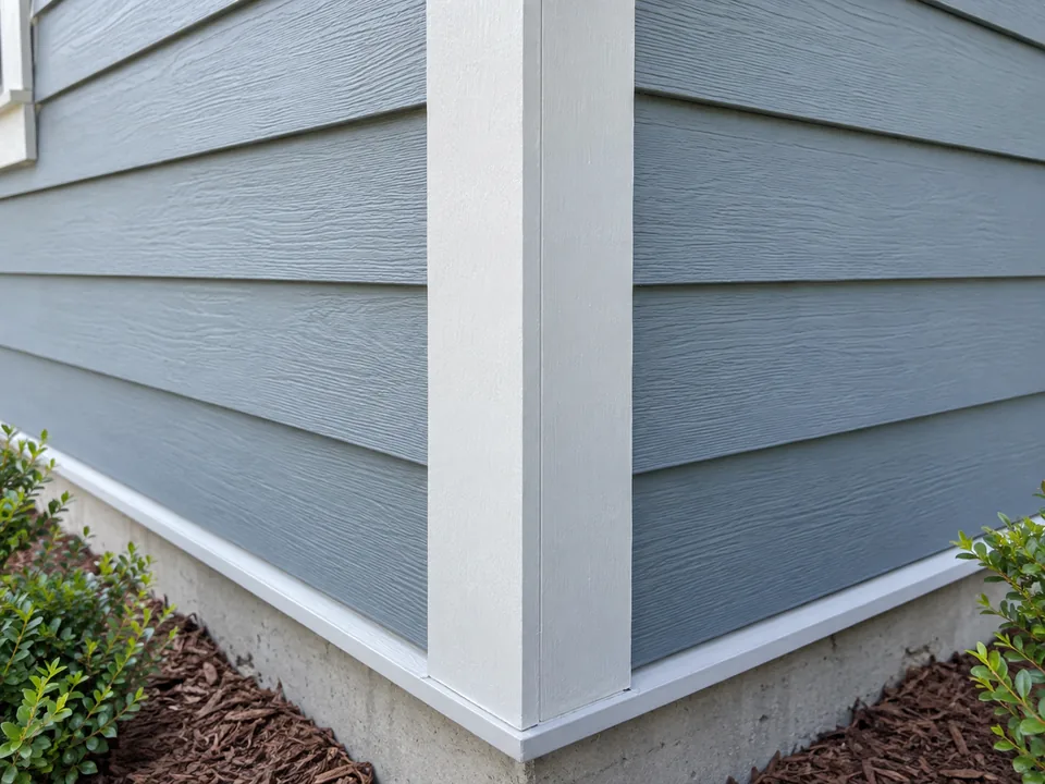 Painted white exterior corner board with aligned blue lap siding