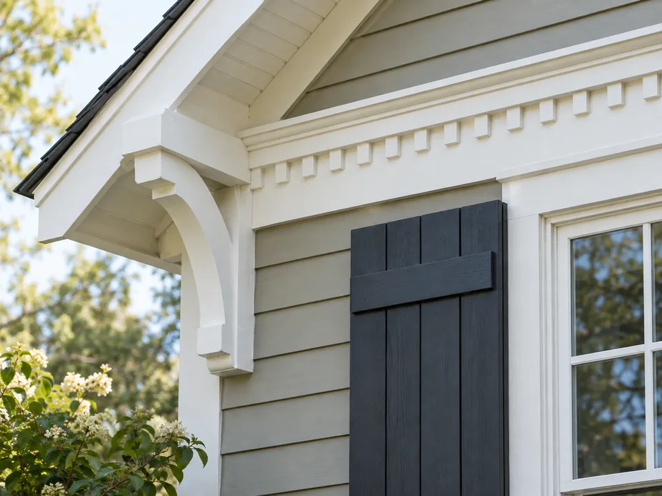 Painted gable bracket, shutter, and decorative frieze trim on a home