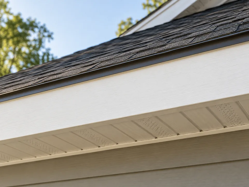 Close-up looking up at continuous white fascia and vented soffit on an upscale home