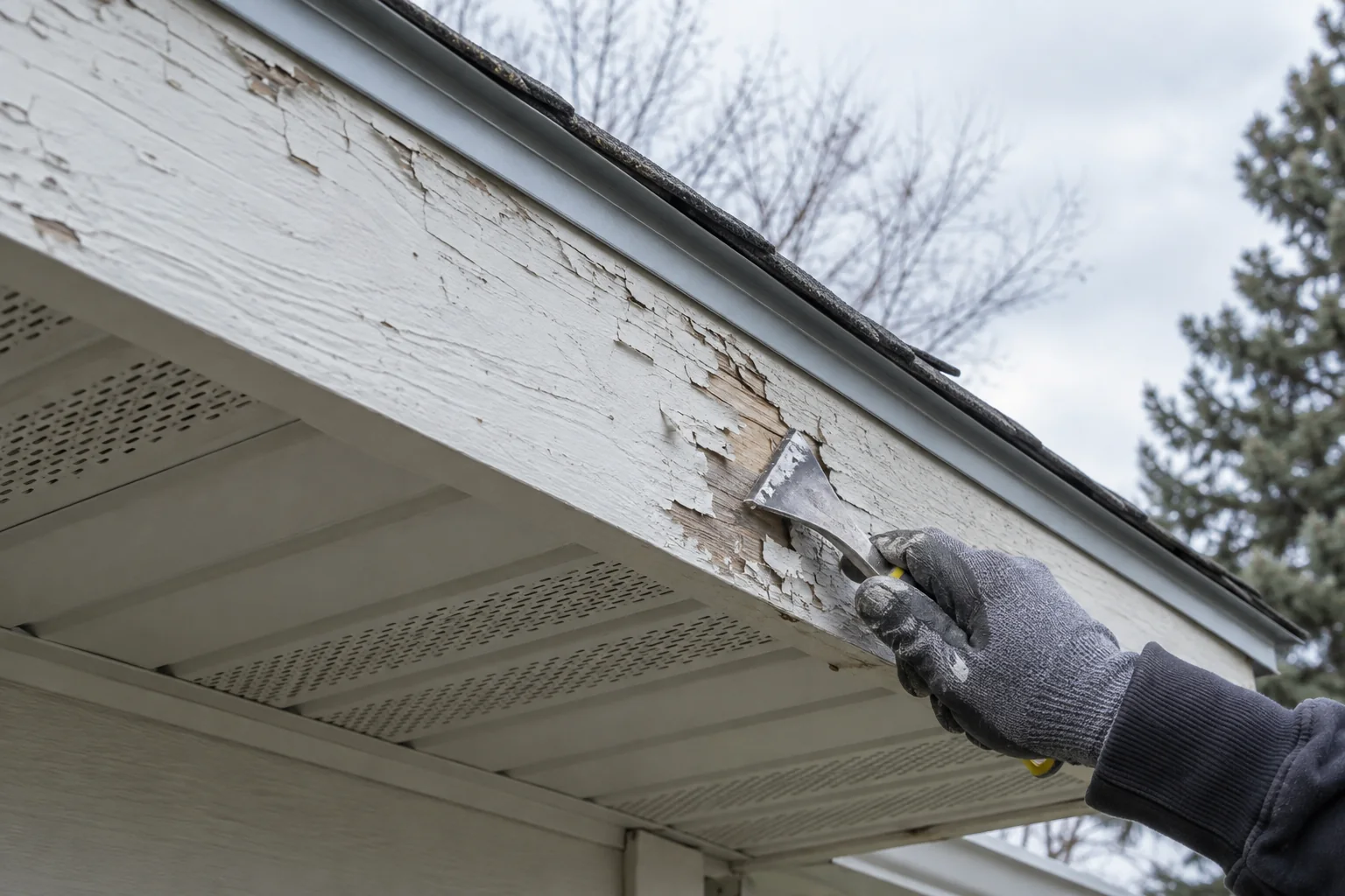 Painter scraping peeling wood fascia beneath a residential roof edge