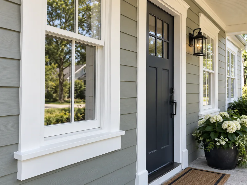 Freshly painted white window and door trim on a gray-sided home