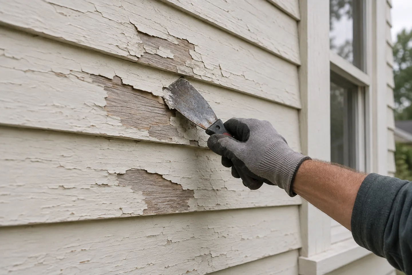 Painter scraping loose paint from older wood clapboard siding before repainting