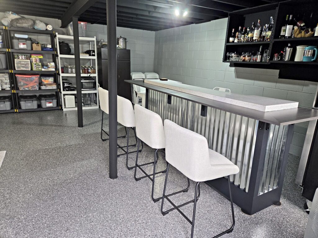 Basement bar gray flake floor in Eagle