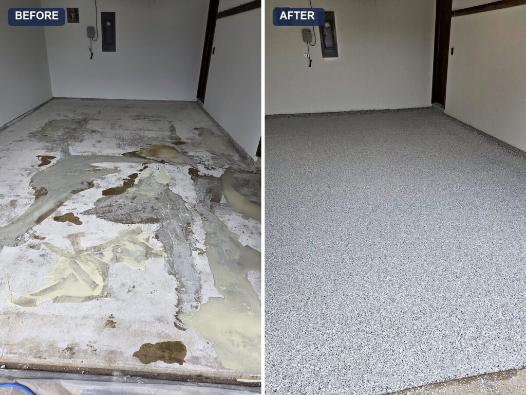 Single-car garage floor in East Troy before and after: failing coating ground off and replaced with a full-flake floor coating