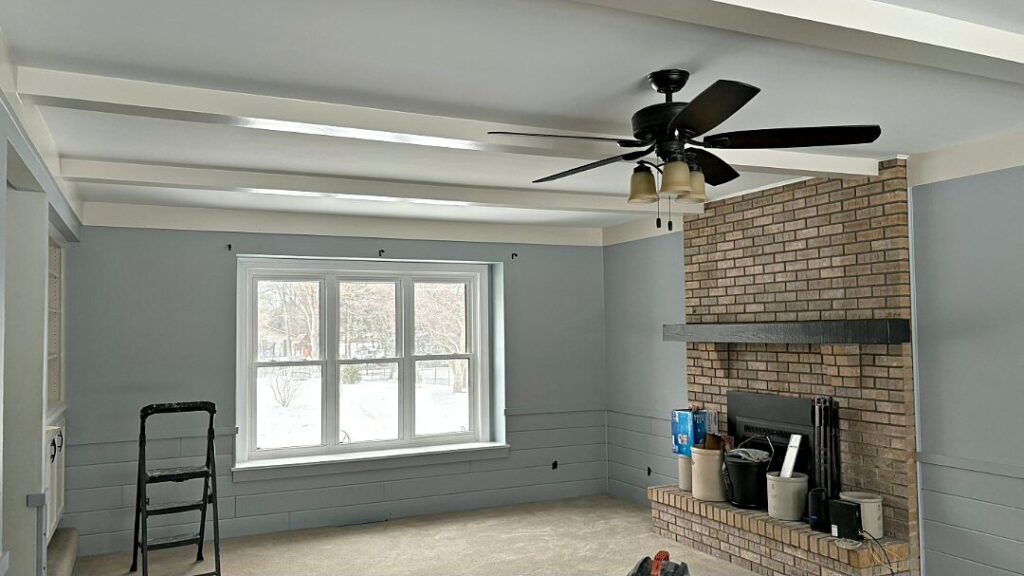 Living room light walls white beams in Waukesha